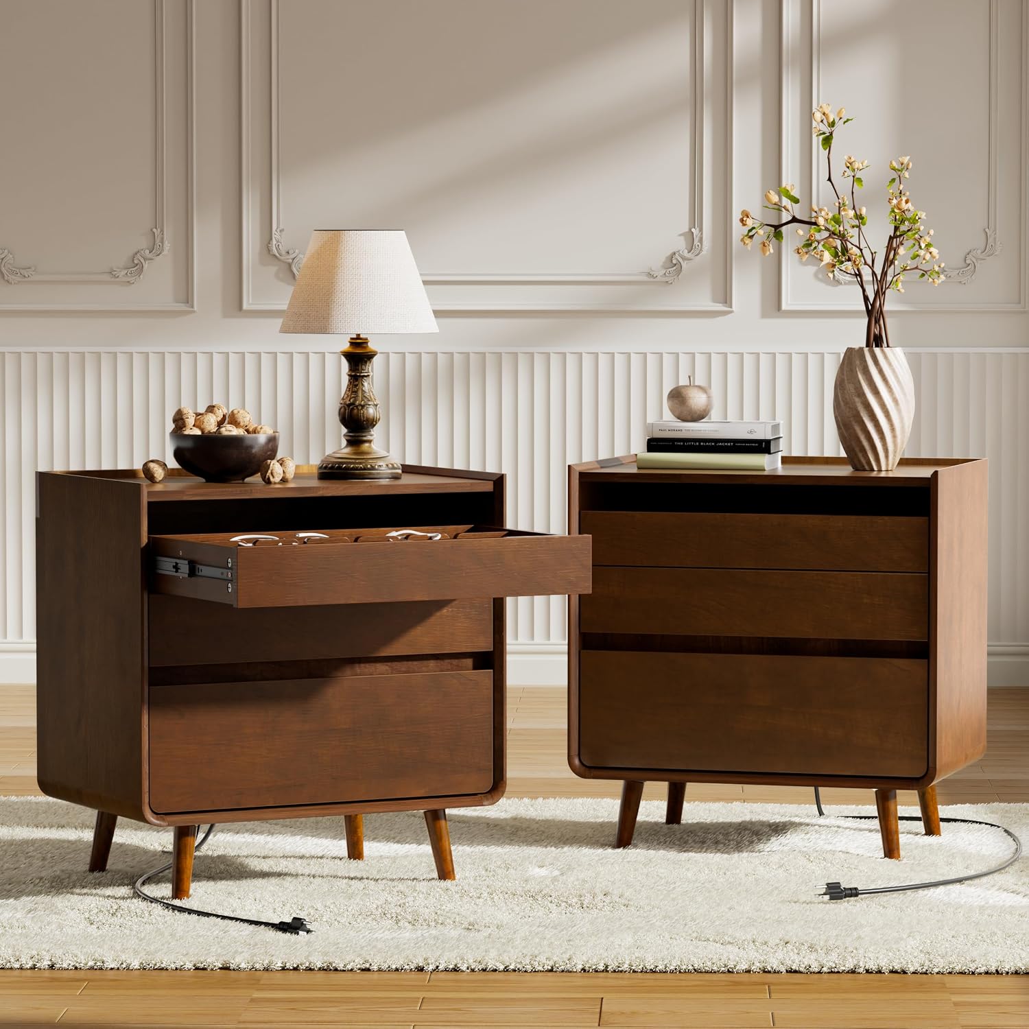 25.43" Nightstands Set of 2 with Leg Walnut Night Stand Set 2 for Bedrooms | Mid Century Modern Nightstands with Charger Station Wooden Bedside Table Set of 2 Night Stands for Bedrooms Set of 2