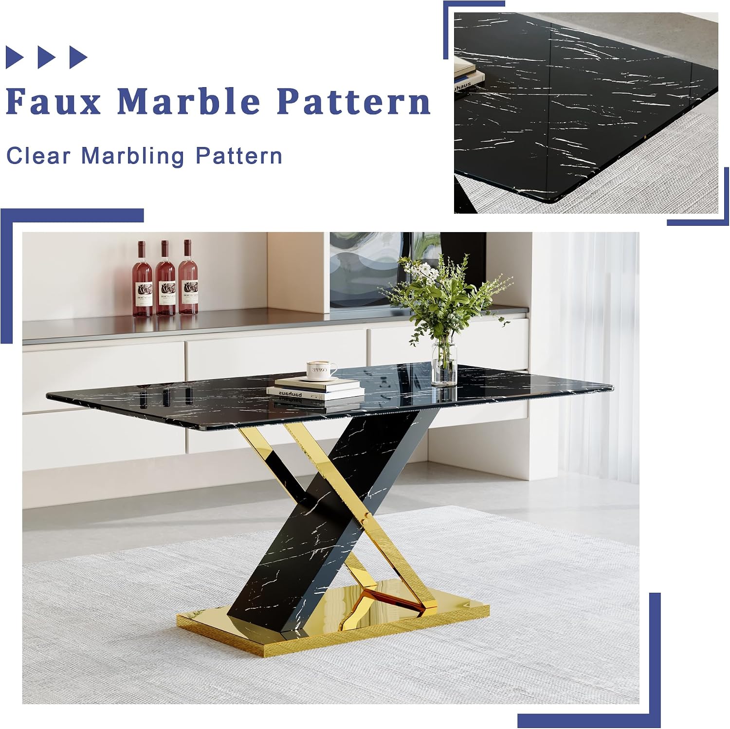 YUNDREAM Modern Marble Dining Table Set for 4,Black Gold 63'' Dining Room Table with Chrome Plated X-Shaped Frame and White Leather Dining Chairs,Easy Assemble,Kitchen Table and Chairs for Dining Room