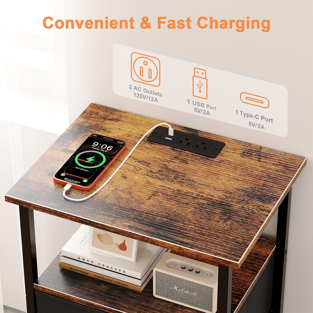 Nightstand with Charging Station, Bedside End Table with 2 Fabric Drawers for Bedroom, Side Table with USB Ports and Outlets (Brown Black)