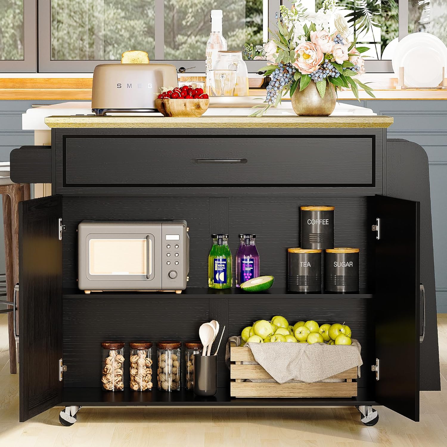 IRONCK Kitchen Island Cart with Storage, Rolling Kitchen Table with Power Outlet, Storage Cabinets on Wheels with Drop Leaf, Portable for Dining Room, Black