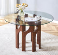 Round Dining Table,46 Inch Glass Kitchen Dining Room Table with Wooden Walnut Pedestal Base,Modern Circle Clear Glass Top 4-6 Person Dinner Table for Small Spaces Home/Apartment