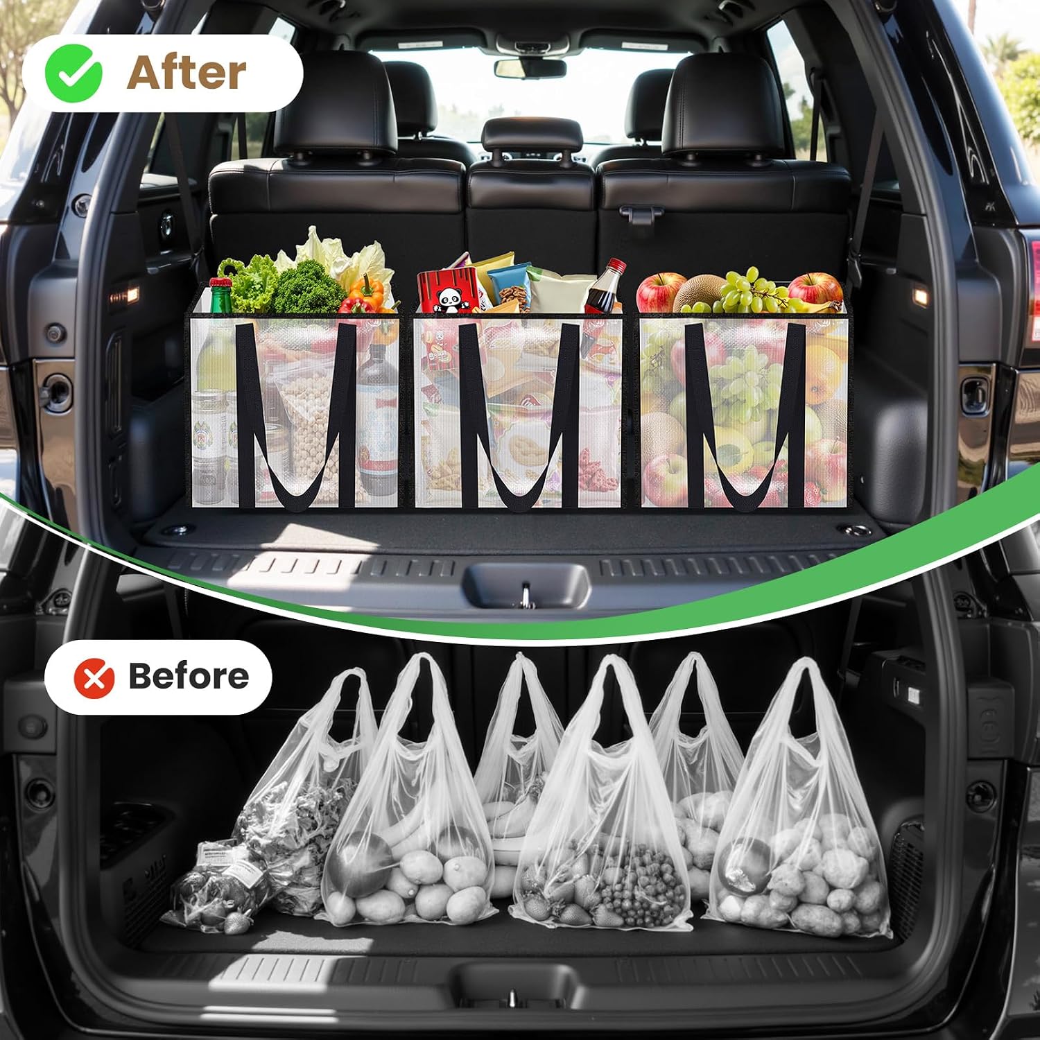 8 Pack Reusable Grocery Bags, Heavy-Duty Shopping Bags with Sturdy Handles, Water-Resistant & Foldable Organizer, Shopping Tote Bags for Groceries, Market, Car Trunk, Multi-Purpose, 33L