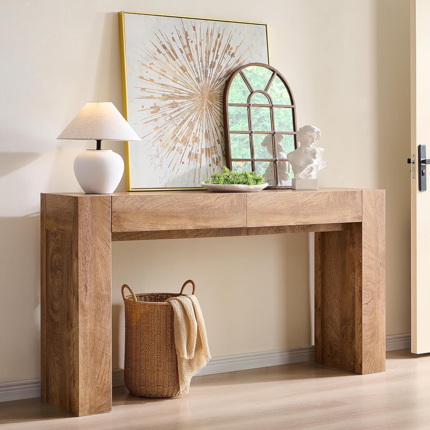 OKD Modern Entryway Console Table, Sofa Table with Drawers, 63" Long Hall Table Behind Couch, Thick Wood Design for Living Room, Hallway - Light Knotty Oak