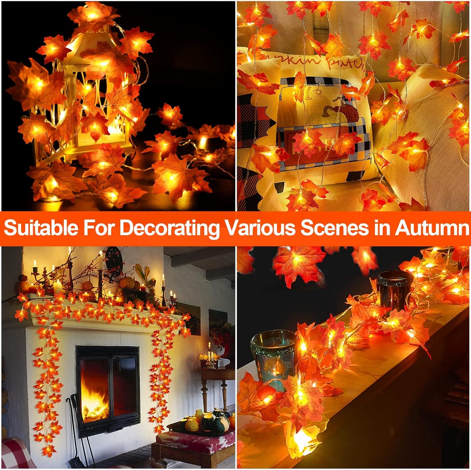 TURNMEON 2 Pack Fall Decor Enlarged Maples Leaves Lights Total 20Ft 40LED Fall Decorations for Home, Battery Operated Autumn Garland Lights Waterproof Indoor Outdoor Halloween Thanksgiving Decorations