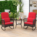 ORALNER 3 Pieces Patio Furniture Wicker Rocker Set, Outdoor Rocking Chairs with Cushions, Pillows, Glass Coffee Table, Rattan Bistro Set for Balcony Front Porch Poolside Garden Deck (Red)