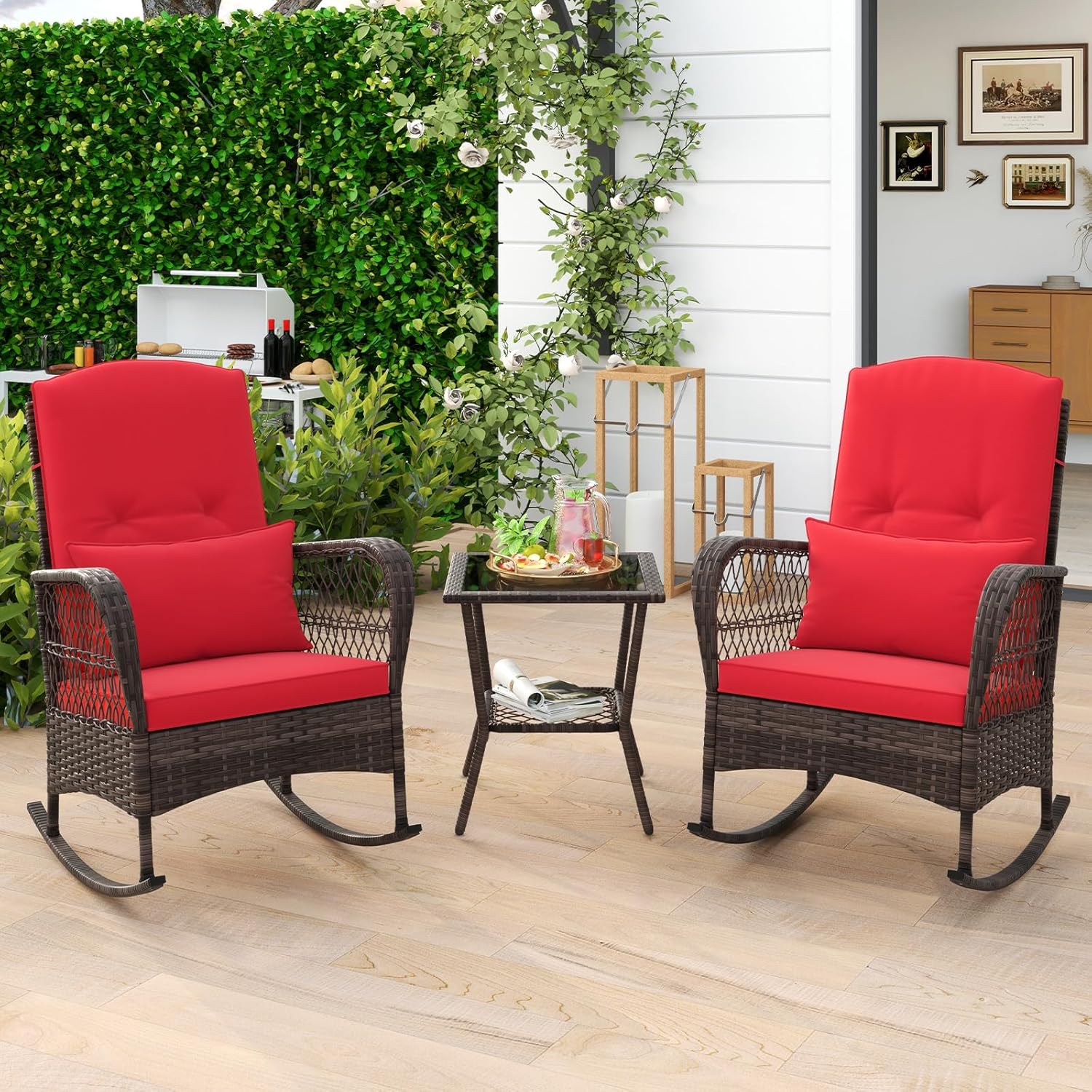 ORALNER 3 Pieces Patio Furniture Wicker Rocker Set, Outdoor Rocking Chairs with Cushions, Pillows, Glass Coffee Table, Rattan Bistro Set for Balcony Front Porch Poolside Garden Deck (Red)