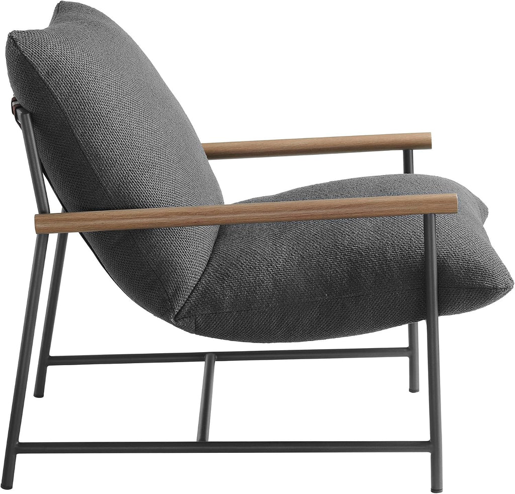 Modway Raya Outdoor Patio Boucle Sling Chair in Charcoal - Comfy Sling Accent Chair - Metal Frame Lounge Chair with Removable Boucle Cushion and Faux Wood Arms for Porch, Deck, Backyard