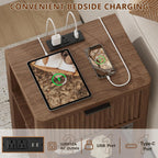 MECHYIN Nightstand Set of 2 with Charging Station, Fluted Bedside Table with Drawer & Open Shelf, Mid-Century Modern Wood Furniture End Table for Apartment, Dorm, Bedroom, (Walnut, with Outlet)
