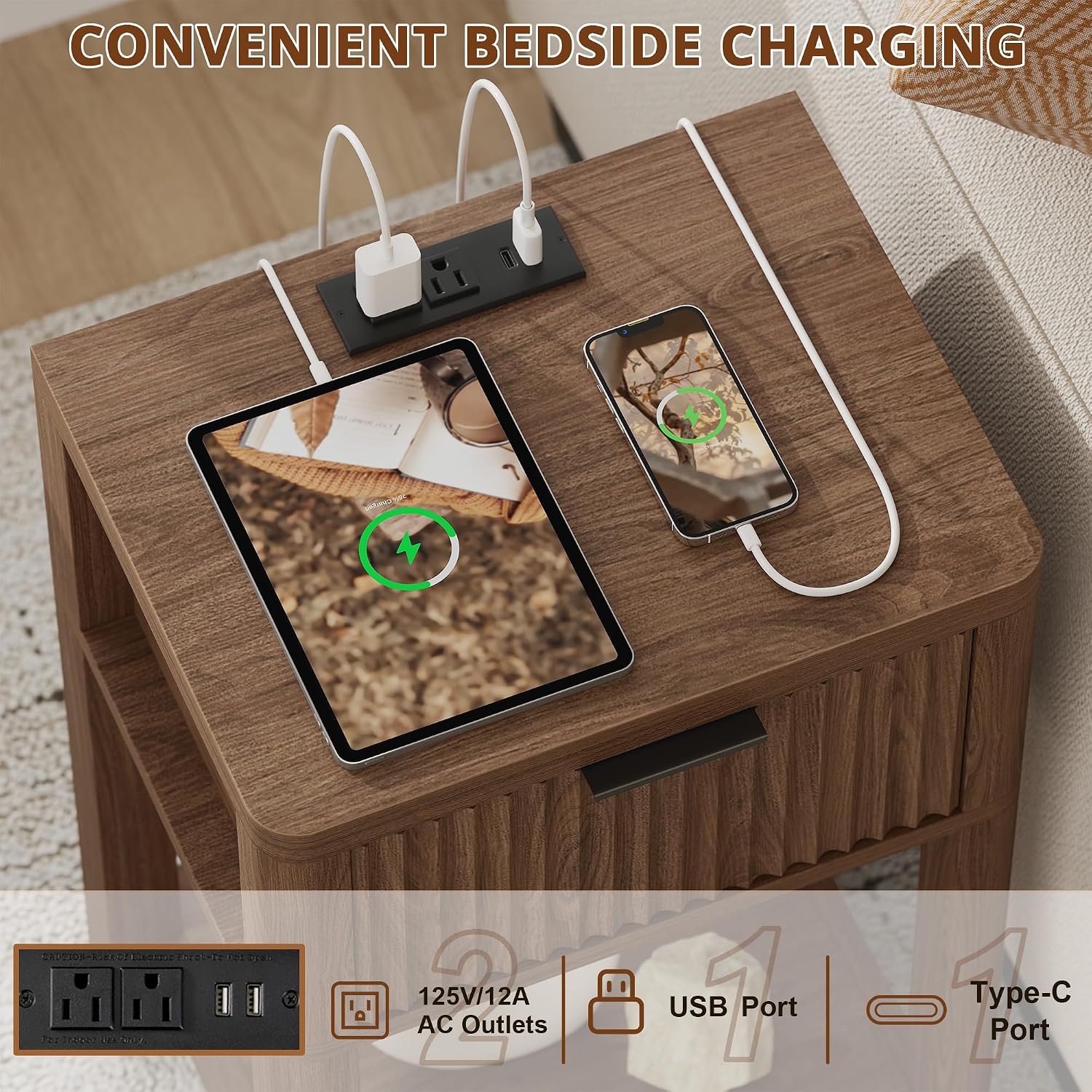 MECHYIN Nightstand Set of 2 with Charging Station, Fluted Bedside Table with Drawer & Open Shelf, Mid-Century Modern Wood Furniture End Table for Apartment, Dorm, Bedroom, (Walnut, with Outlet)