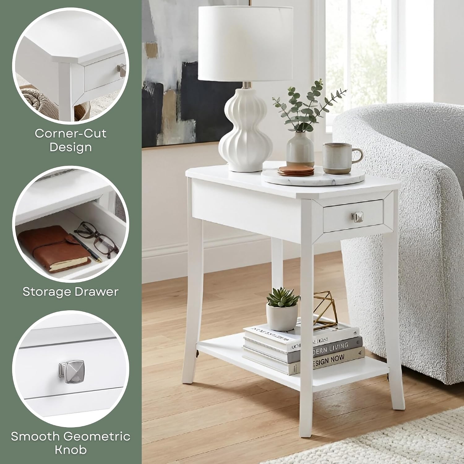 Convenience Concepts Designs2Go Ensenada Chairside End Table 23.75" - Transitional Narrow Side Accent with Storage Drawer & Shelf for Modern Living or Family Room, Bedroom Nightstand, White