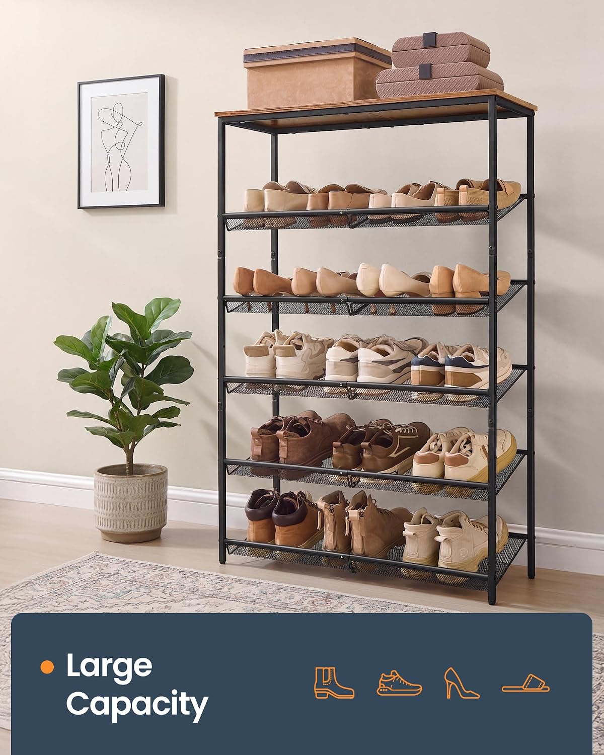 SONGMICS HOME 6 Tier Shoe Storage Organizer, Freestanding Shoe Rack, Dense Mesh, for Living Room, Bedroom, Entryway, Rustic Brown and Black