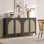 SICOTAS 102"W Rattan Sideboard Buffet Cabinet Set of 3, Modern Credenza Storage Cabinet with Arch Doors & Shelves, Boho Coffee Bar Media Console Cabinets for Kitchen, Living Room, Entryway, Black Oak