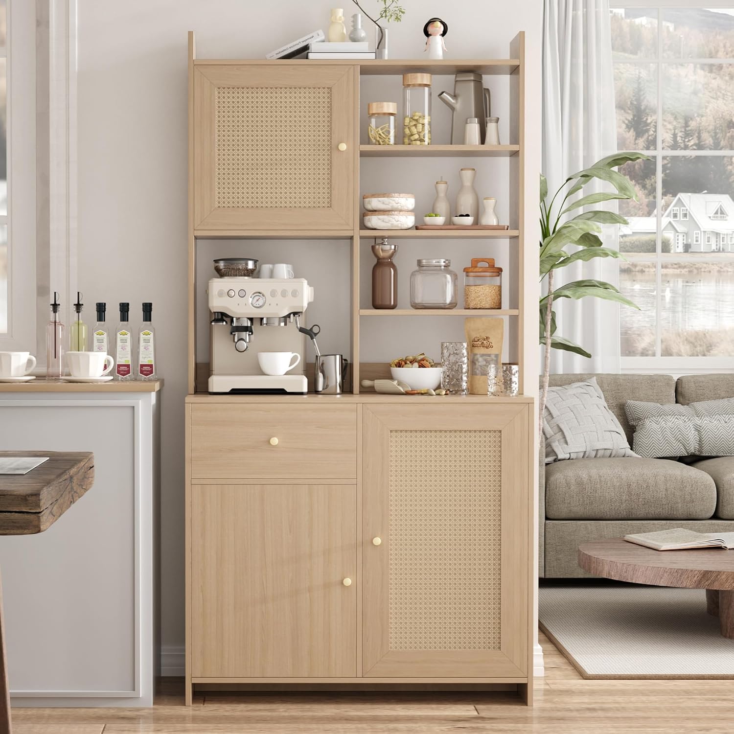 IDEALHOUSE Kitchen Pantry Cabinet with Adjustable Shelf, 71" Tall Storage Cabinet with Microwave Stand, Food Pantry Cabinets for Kitchen, Dining Room, Living Room, Natural