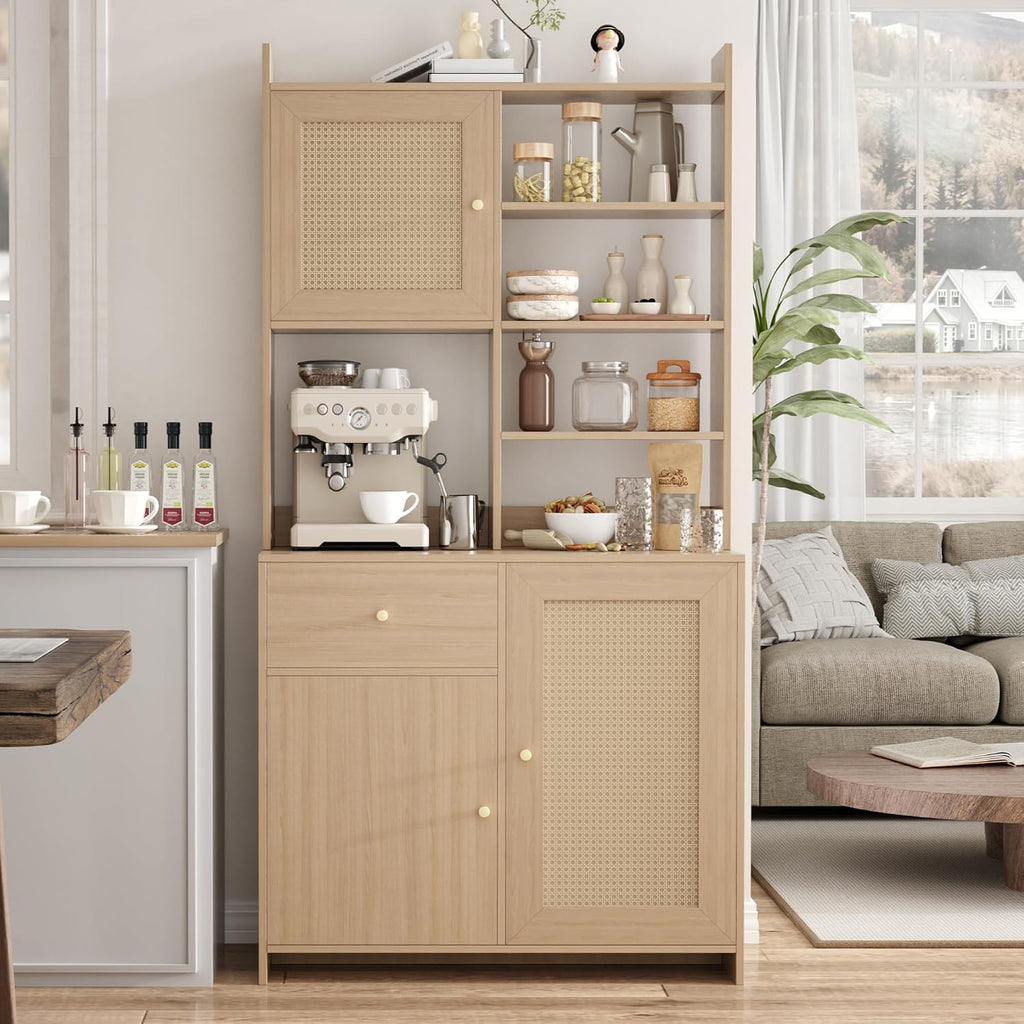 71'' Tall Kitchen Pantry Storage Cabinet, Kitchen Hutch Bar Cabinet with Microwave Stand, Farmhouse Buffet Cabinet w/Drawer, 3 Adjustable Shelf & 3 Rattan Doors for Kitchen, Dining Room (Natural)