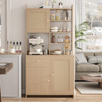 71'' Tall Kitchen Pantry Storage Cabinet, Kitchen Hutch Bar Cabinet with Microwave Stand, Farmhouse Buffet Cabinet w/Drawer, 3 Adjustable Shelf & 3 Rattan Doors for Kitchen, Dining Room (Natural)