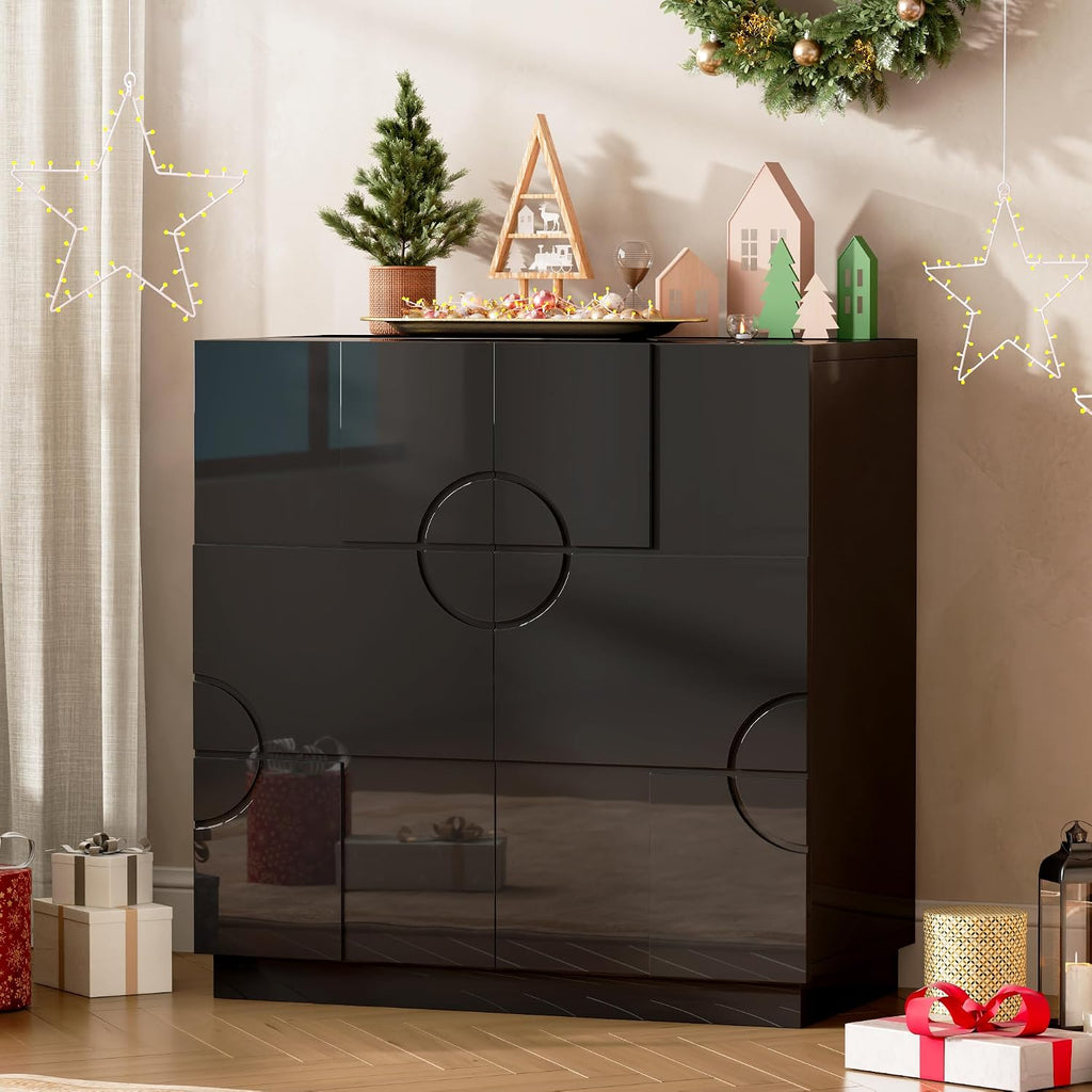 LVSOMT Sideboard Buffet Cabinet with Storage, Modern Accent Cabinet with Doors and Adjustable Shelve, 33" Wood Coffee Bar Cabinet for Kitchen, Entryway, Living Room, High Gloss Black