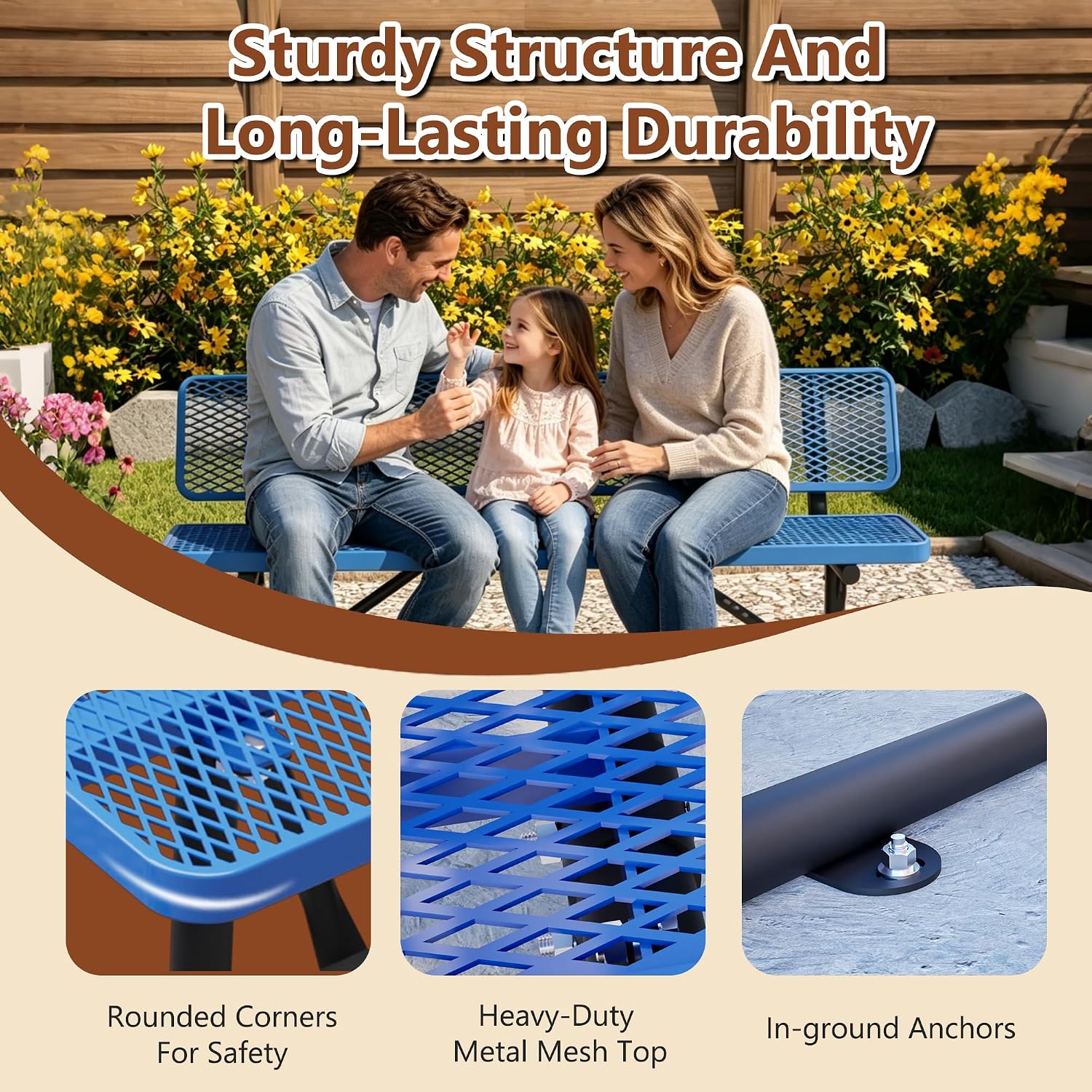 ZeHuoGe 72" Heavy Duty Metal Picnic Bench for 3-4 Adults, 882 LBS Outdoor Bench with Diamond Mesh Top – for Garden, Patio, Park, School, Commercial