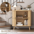 BORNOON Buffet Cabinet with Storage, Curved-Edge Fluted Storage Cabinet Sideboard, Modern Black Sideboard Buffet with Adjustable Shelves & Sliding Door for Dining Room, Kitchen, Entryway (Oak)