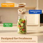 EDELHAUS 4 Pack Glass Salad Jars with Wooden Lids for Meal Prep, Leakproof Container with Two Small Built in Cups for Wet/Dry Separation for Salad Dressing and Ingredients, 32oz Mason Jars (Acacia)