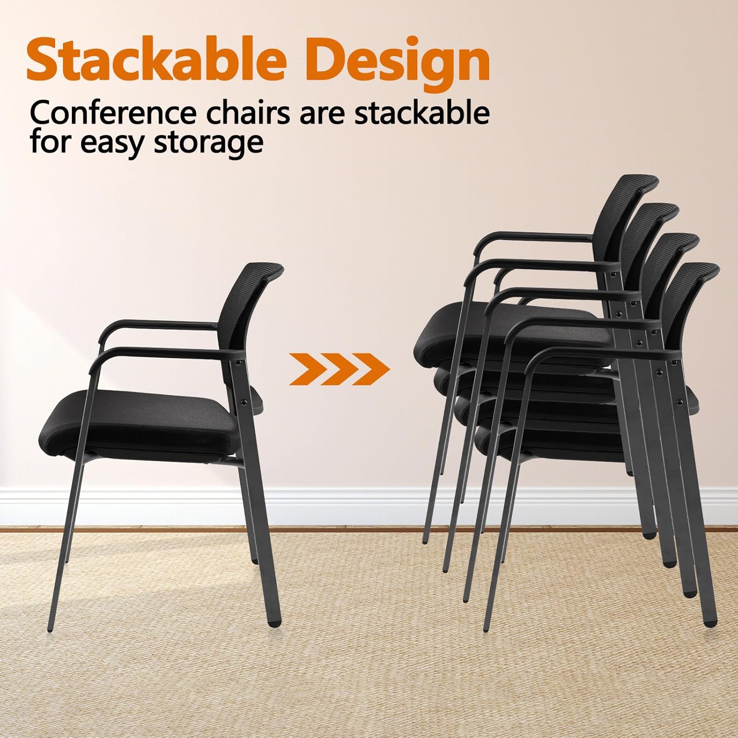 CLATINA Mesh Back Stacking Arm Chairs with Upholstered Fabric Seat and Ergonomic Lumbar Support for Office School Church Guest Reception Black 2 Pack Set