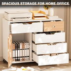 5 Drawers Mobile File Cabinet with Door, Rolling File Cabinet Printer Stand Table Craft Storage Cabinet, Under Desk Wooden Filing Cabinets for Home Office Essentials Storage Organization Furniture
