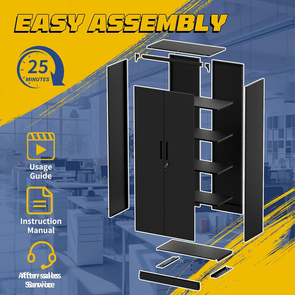 Metal Storage Cabinet with Adjustable Shelves, 72" Steel Garage Storage Cabinets with Lock and 2 Door, Locking Tool Cabinet Utility Cabinets for Garage, Kitchen, Home Office, School, Shop