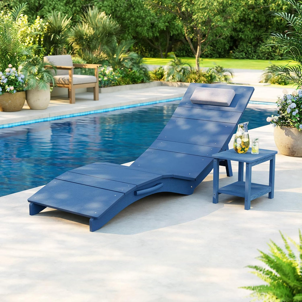 Stoog Folding Pool Lounge Chair, HIPS Outdoor Anti-Floating Recliner with Headrest, Pool Chairs for Hotel, Beach & Sun Decks, Blue