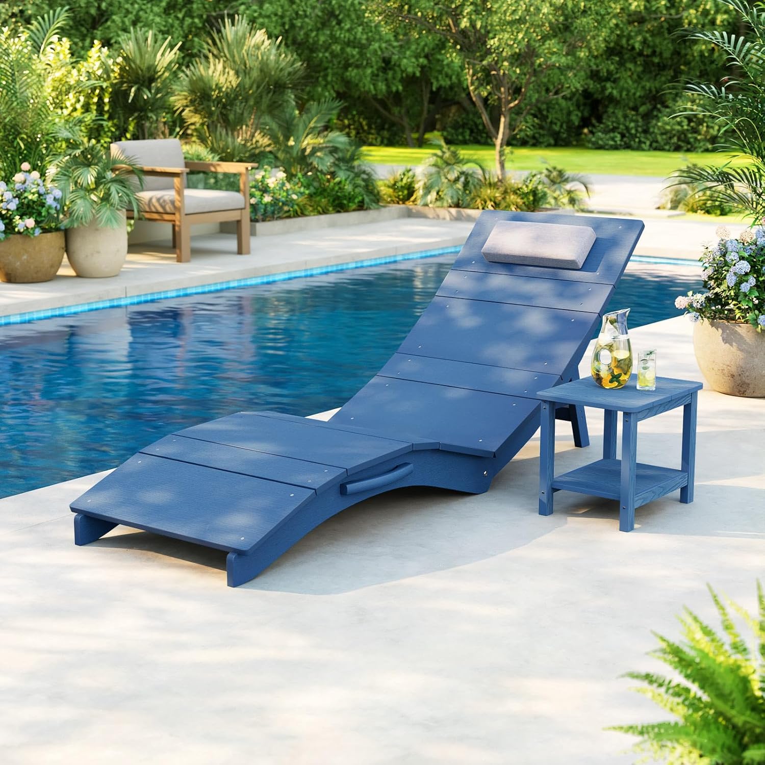 Stoog Folding Pool Lounge Chair, HIPS Outdoor Anti-Floating Recliner with Headrest, Pool Chairs for Hotel, Beach & Sun Decks, Blue