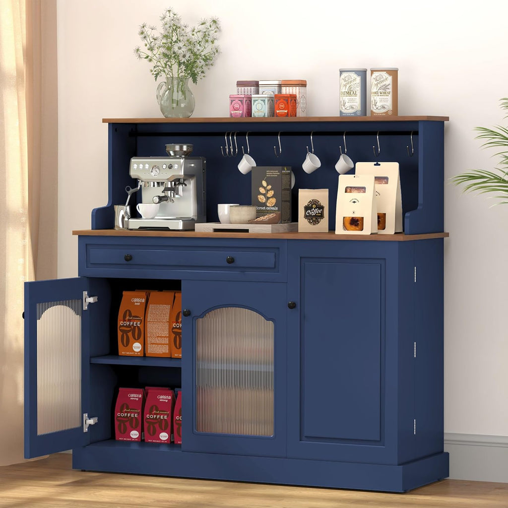 ARTPOWER Farmhosue Coffee Bar Cabinet with Hutch - 48” Modern Buffet Cabinet with Drawer Storage and Glass Doors,Wine Bar Table with Adjustable Shelves for Living Dining Room,Blue