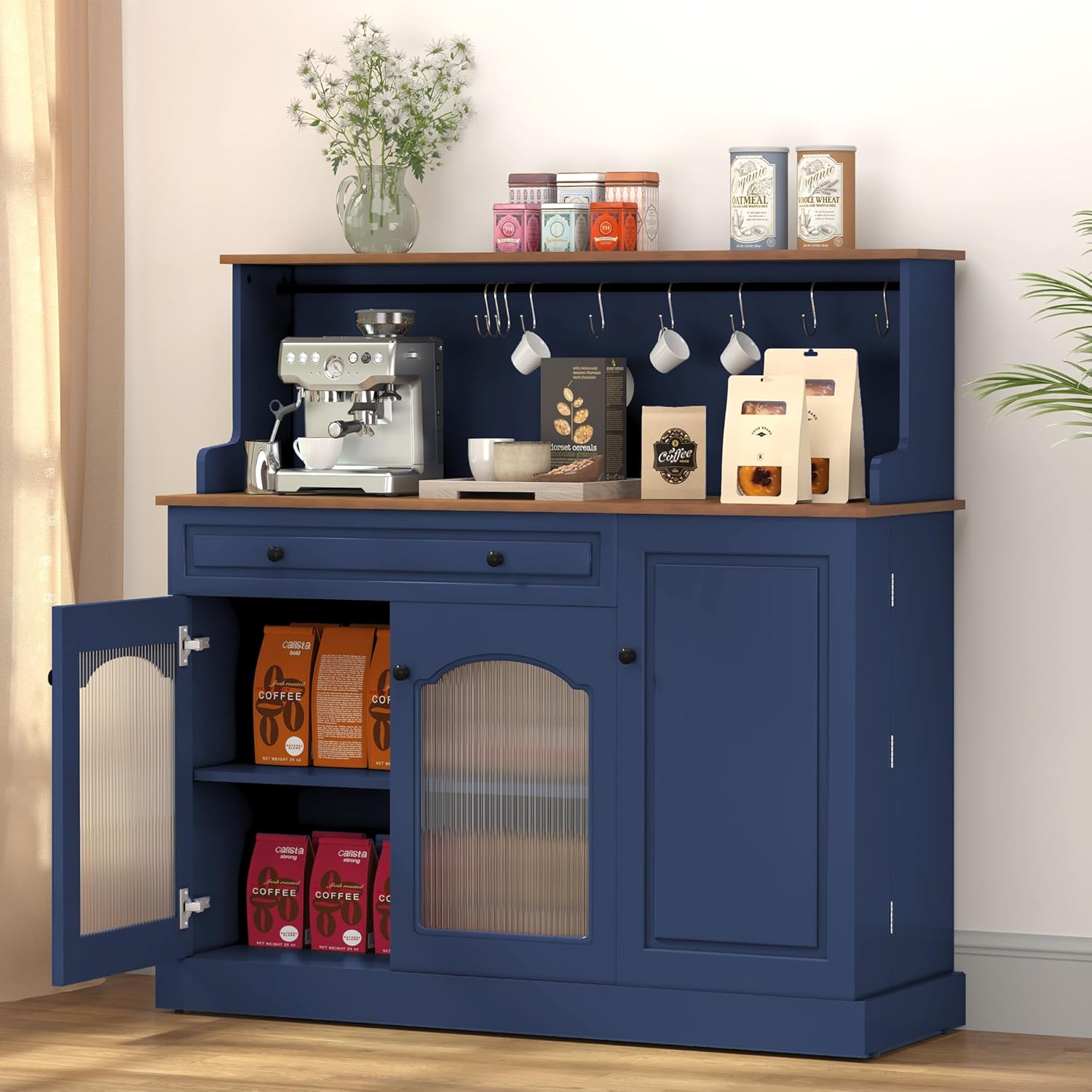 ARTPOWER Farmhosue Coffee Bar Cabinet with Hutch - 48” Modern Buffet Cabinet with Drawer Storage and Glass Doors,Wine Bar Table with Adjustable Shelves for Living Dining Room,Blue
