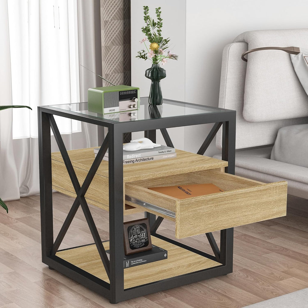 Bellemave 1 piece Small End Table with Drawer, Nightstand for Bedroom & Living Room, Wood MDF &Tempered Glass, Metal Frame, Industrial Style Side Table,Easy Assemble, Natural