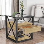 Bellemave 1 piece Small End Table with Drawer, Nightstand for Bedroom & Living Room, Wood MDF &Tempered Glass, Metal Frame, Industrial Style Side Table,Easy Assemble, Natural