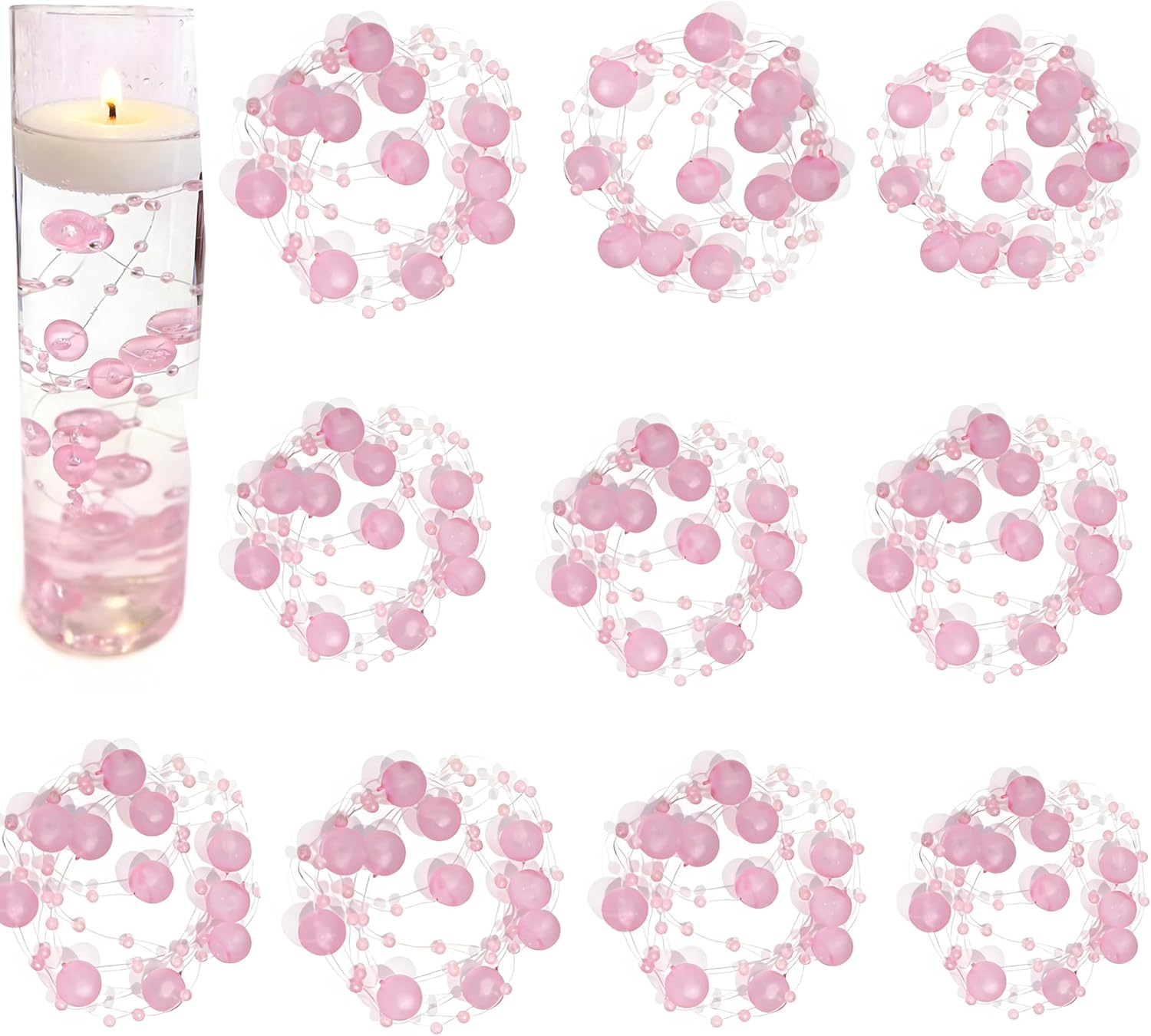 TeaSu 24Pcs Floating Bead String for Floating Candle Centerpieces, Colorful Pearl Bead for Vase Filler, Table Centerpiece, Wedding Reception and Home Decoration (Pink)