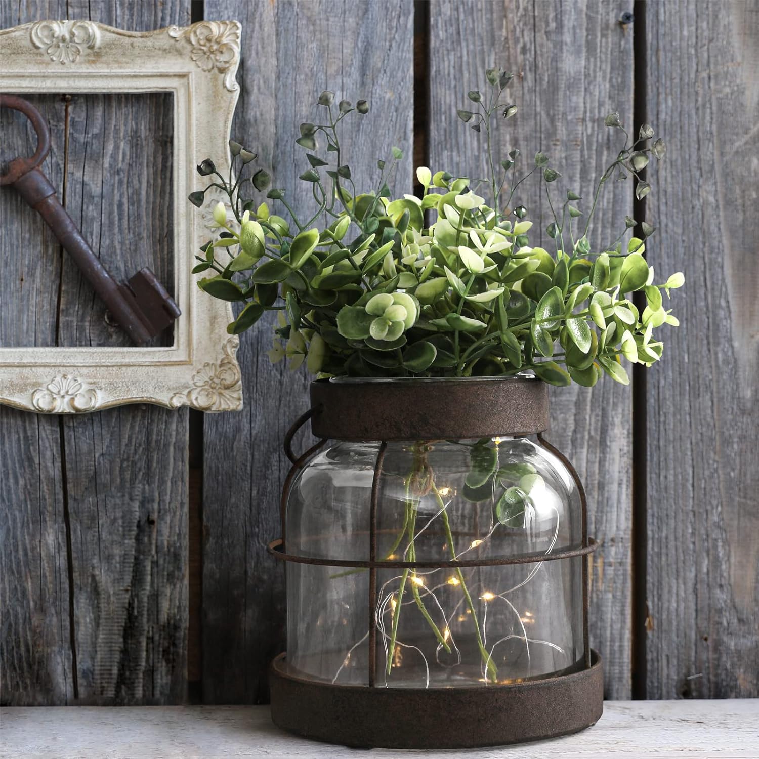 Vintage Glass Farmhouse Vase, Rustic Lantern Decor with Plants Flowers Lights Vintage Style Vases for Home Decor Floral Arrangement Hostess Gift