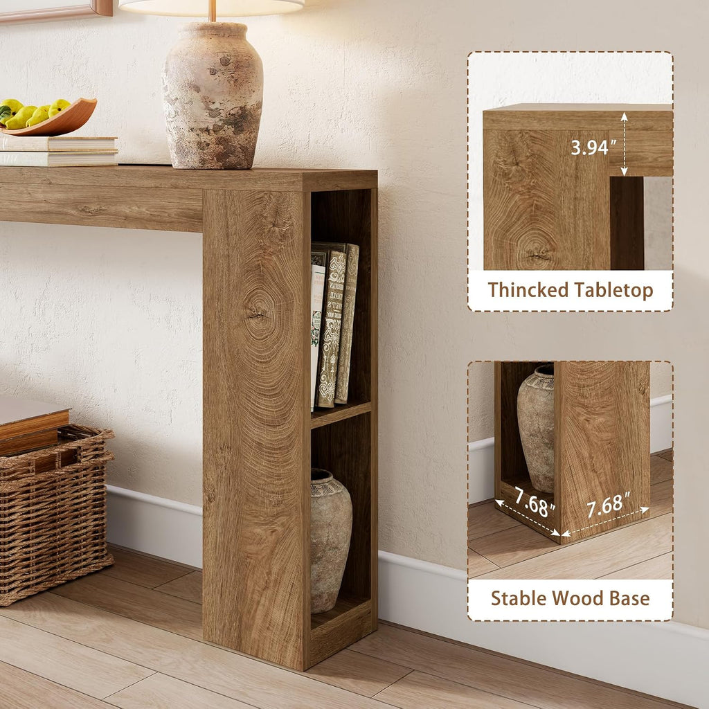 Epecoya 94.5-Inch Extra Long Console Table with USB Outlet & Storage, Narrow Sofa Behind Couch Table with Charging Station, Farmhouse Wood Entryway Table for Hallway Foyer Living Room, Oak Brown