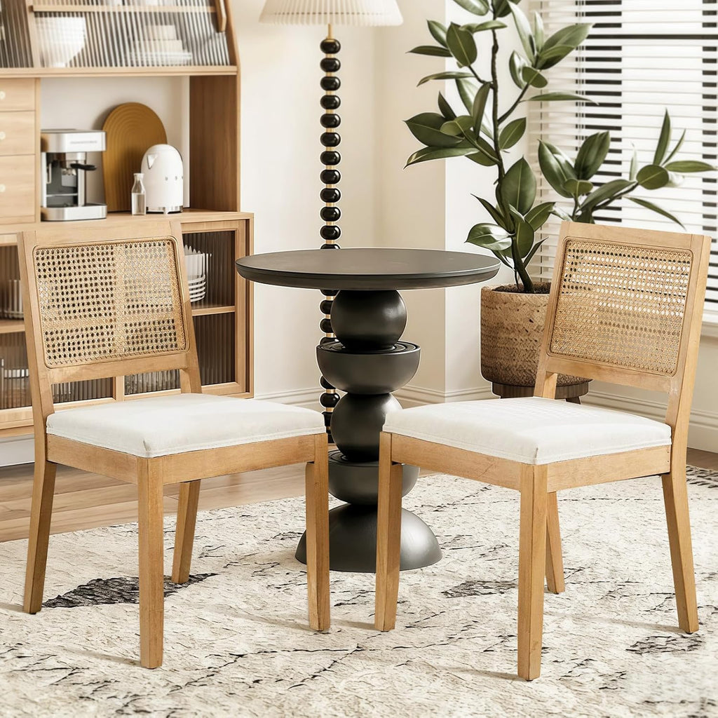 Rattan Dining Chairs Set of 2, French Country Cane Back Upholstered Kitchen Chairs, Solid Wood Farmhouse Side Chairs, Beige