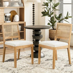 Rattan Dining Chairs Set of 2, French Country Cane Back Upholstered Kitchen Chairs, Solid Wood Farmhouse Side Chairs, Beige