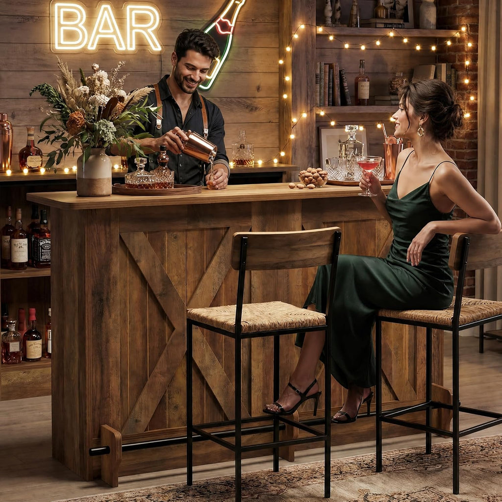 Tribesigns 63" Wooden Bar Table, Farmhouse Home Bar Unit with 2-Tier Storage Shelves and Metal Footrest, Small Bar Cabinet for Kitchen, Dining Room, Bistro (Brown)