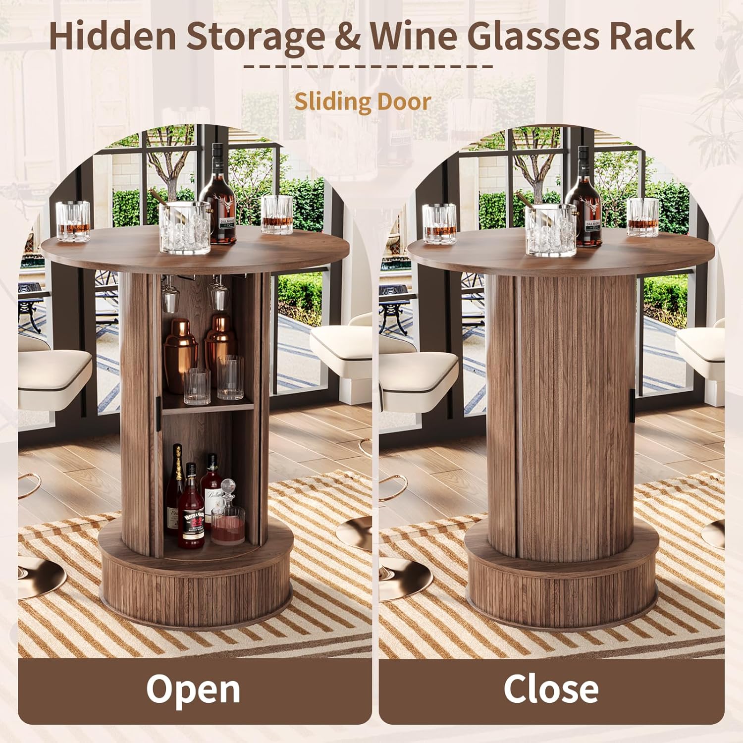 Round Bar Table with 2-Tier Hidden Storage, 38.1" H Pub Table with Footrest, Modern Rustic Bar Height Bistro Cocktail Table for Kitchen,Dining Room,Coffee Bar,Small Space