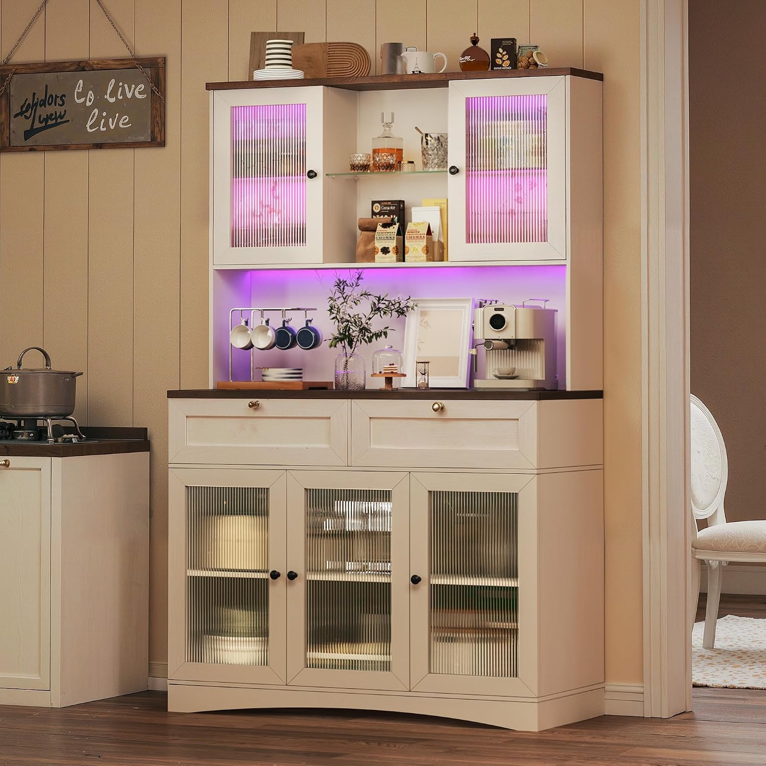 HUAHUU 71" Kitchen Pantry Cabinet with Lights & Acrylic Doors, Pantry Storage Cabinet with Microwave Stand, Kitchen Hutch Food Cabinets with Charging Station, Adjustable Shelves, White