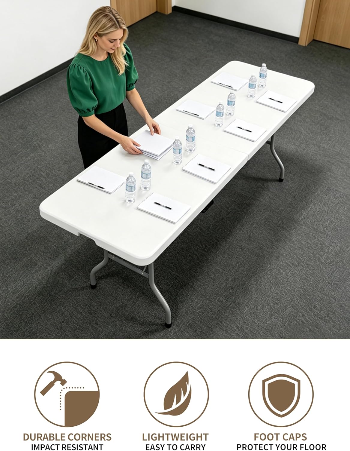 8 Foot Folding Table Portable, 8FT Folding Dining Table for Indoor Outdoor, Heavy Duty Fold-in-Half Plastic Long Large Rectangular Utility Card Tables for Picnic Camping Party, 95x29 inch