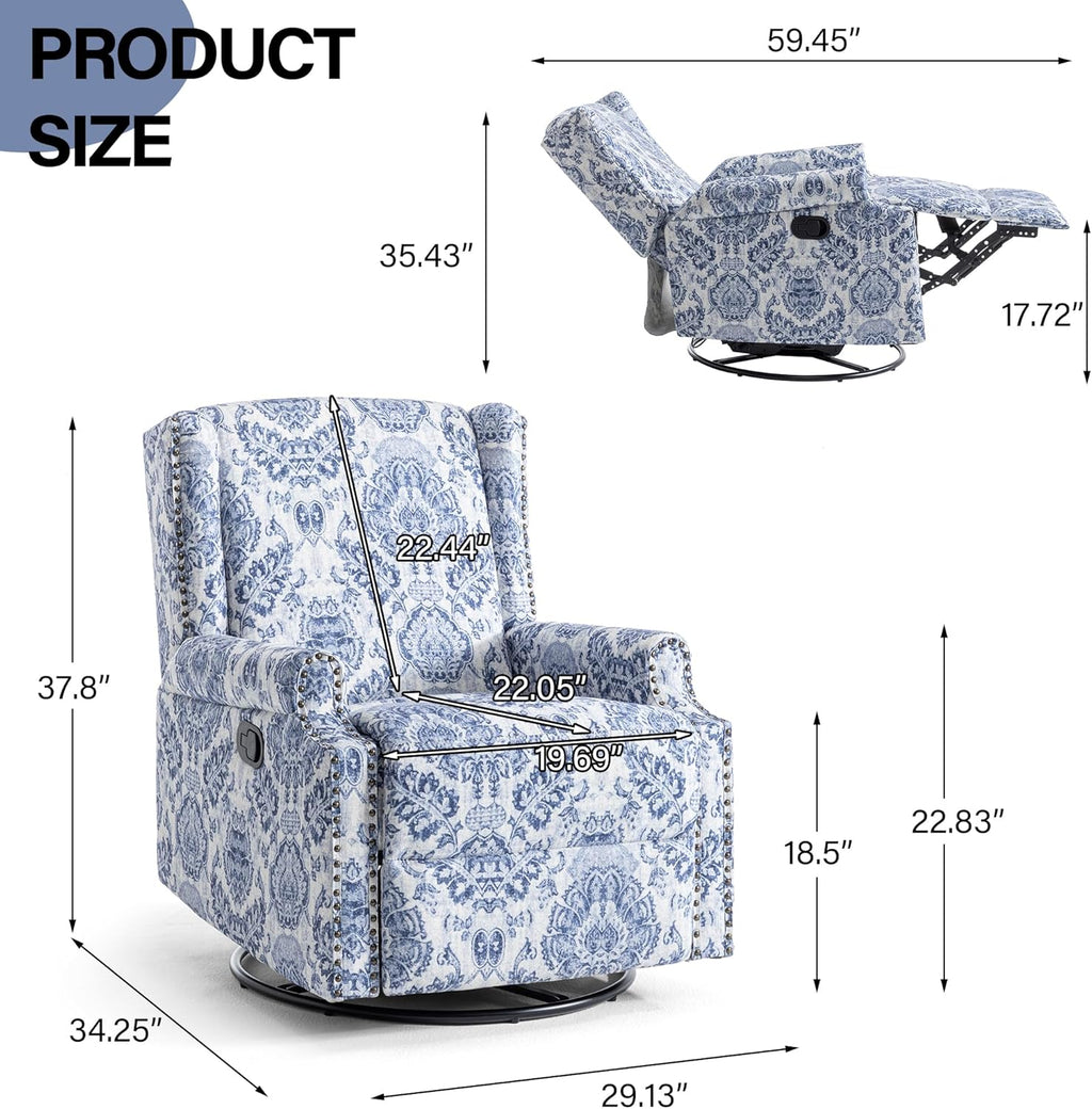 Swivel Rocker Recliner Chair Set of 1, Manual Nursery Glider Recliner, Floral Fabric Wingback Accent Chair with Adjustable Backrest & Footrest for Small Spaces Living Room Bedroom -Navy Blue