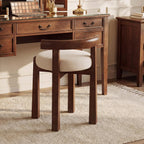 Wood Vanity Stool with Faux Wool Cushion, Upholstered Makeup Chair with Solid Wood Frame, Round Vanity Ottoman Seat for Makeup, Bedroom, Living Room, 20-Minute Assembly (Only Stool)