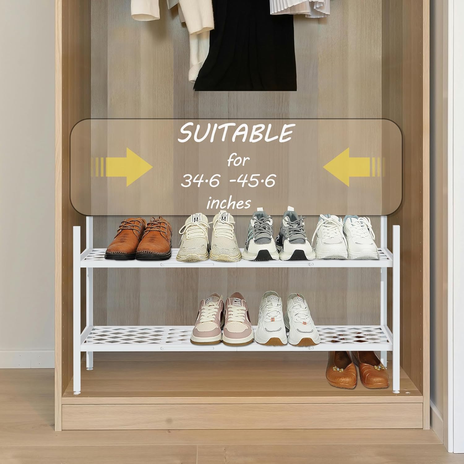 Shoe Rack, Expandable Shoes Organizer Metal Shelf Stand, 2 Tier Stackable Long Shoe Storage Holder For Closet, Floor, Entryway, Garage, Bedroom, Door Entrance For 12-18 Pairs, 45.6 inches White