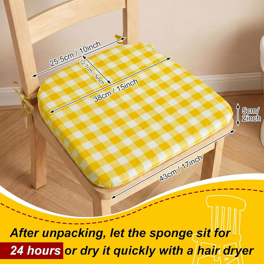 Geetery 4 Pcs Checkered Chair Cushion for Dining 17"x16"x2" Thick Buffalo Plaid Non-Slip Chair Pad with Tie and Removable Cover for Home Outdoor Patio Indoor Seat Cushion (Buffalo Gingham,Yellow)