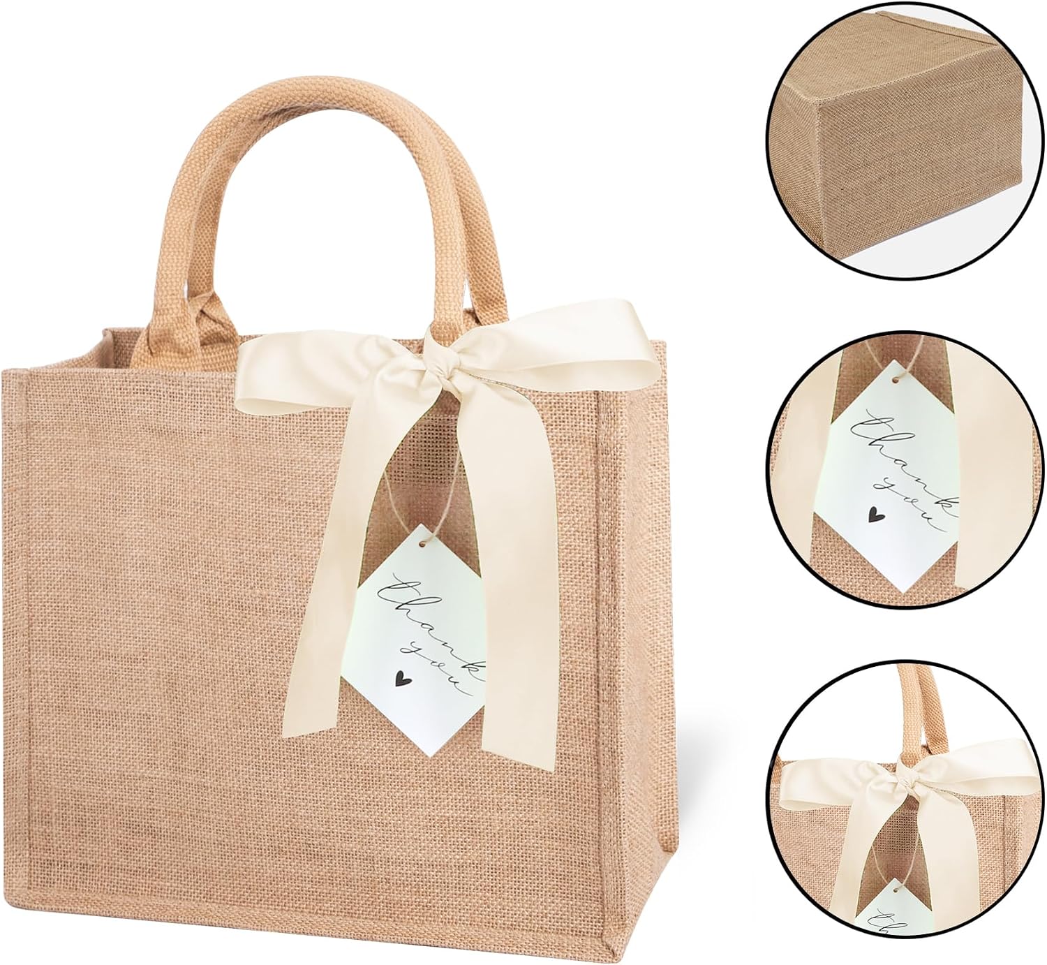 6 Pack Burlap Tote Bags with Handles Reusable Medium Jute Gift Bags with Light Beige Silk Ribbons Waterproof Lining for Wedding Bridesmaid Mother's Day Bachelorette Beach Party