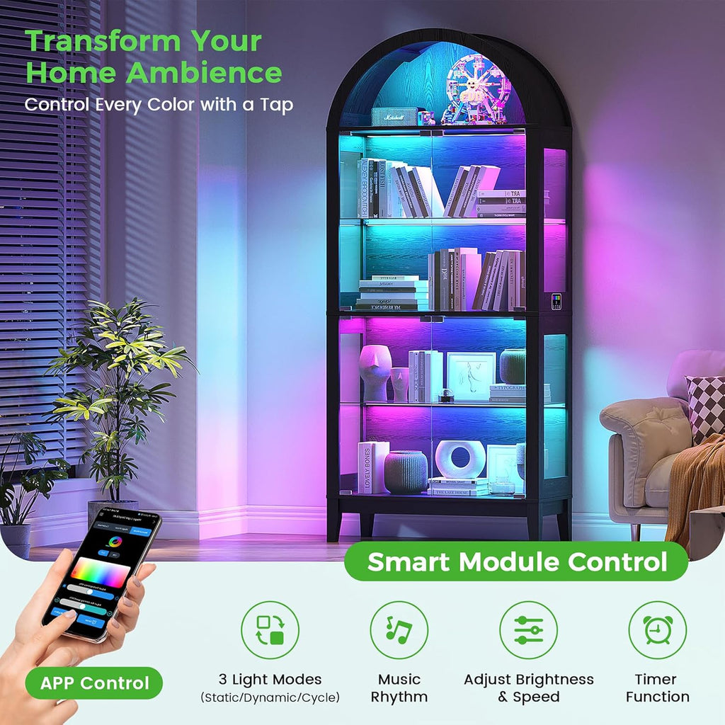 HNEBC Arched Display Case with RGB Lights, 69" Tall 5-Tier Tempered Glass Display Cabinet with Doors, LED Curio Cabinet with Shelf, Bookcase with Music-Synced Lighting for Living Room (Black)