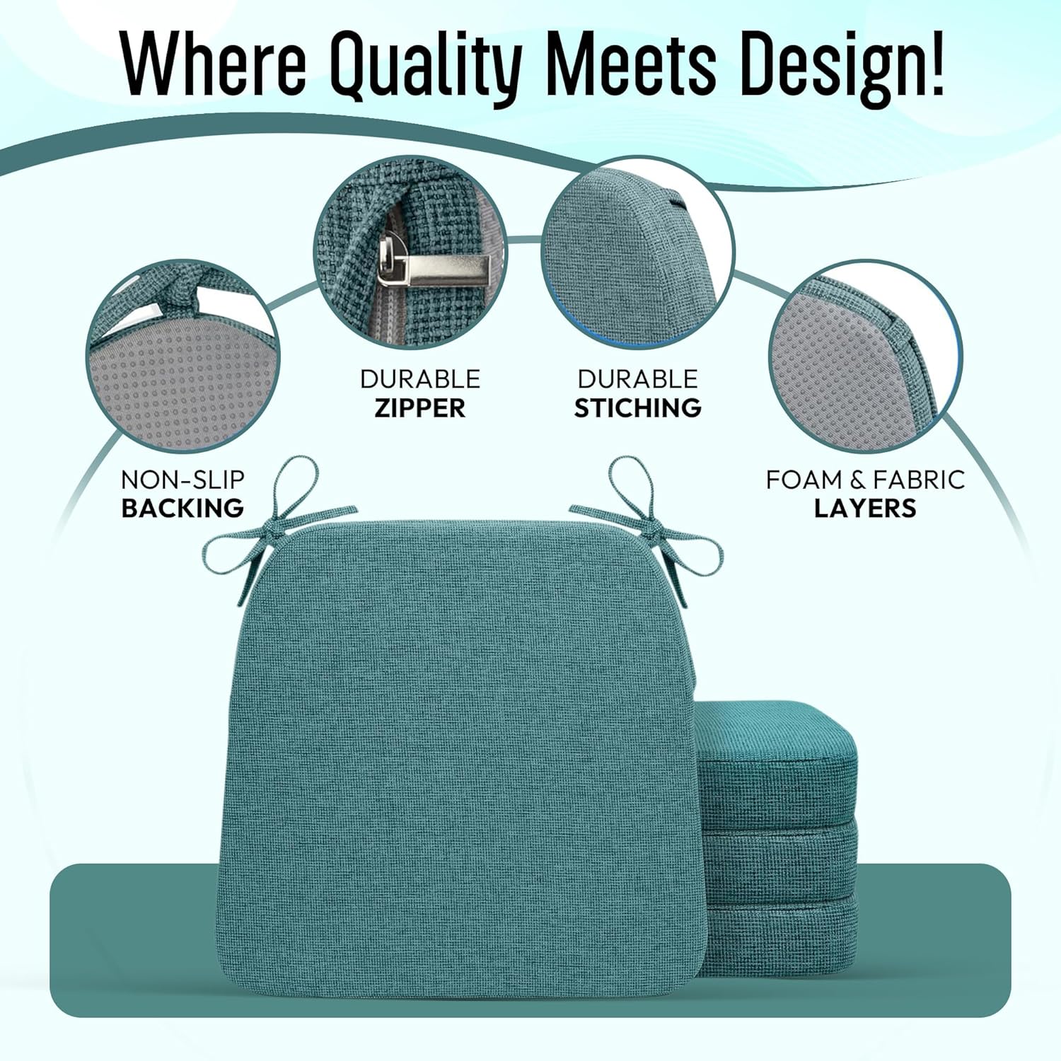 Chair Cushions for Dining Chairs - 17" x 16" x 2" D-Shaped Indoor Seat Cushions - Non Slip Chair Pads with Removable Ties and Washable Cover Set of 4 - Chair Leg Pads Included - Teal