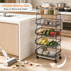VECELO 5-Tier Fruit Basket with Wheels, Fruit and Vegetable Storage Cart for Kithchen, Easy to Move, Durable, Stackable Produce Organizer Wire Baskets for Kitchen, Pantry, Living Room