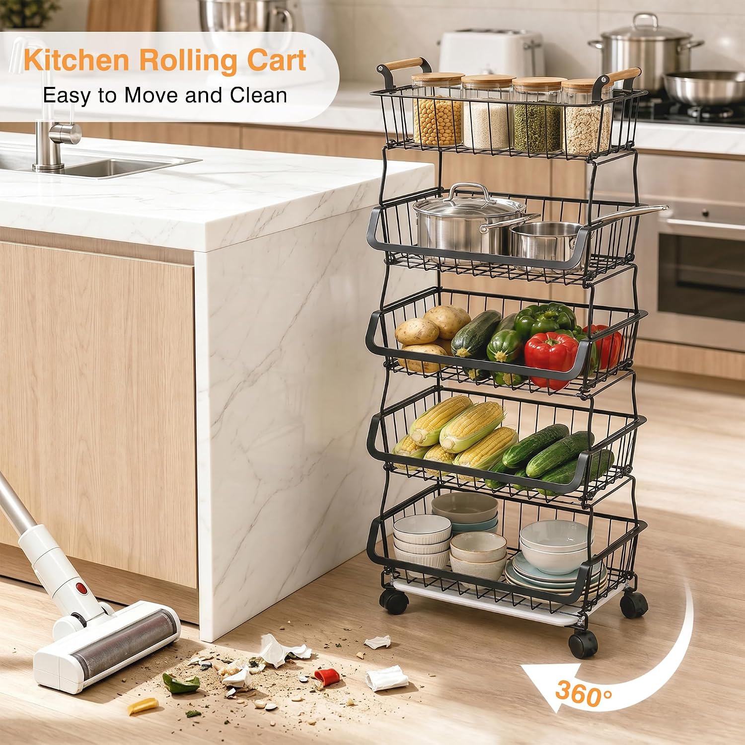 VECELO 5-Tier Fruit Basket with Wheels, Fruit and Vegetable Storage Cart for Kithchen, Easy to Move, Durable, Stackable Produce Organizer Wire Baskets for Kitchen, Pantry, Living Room